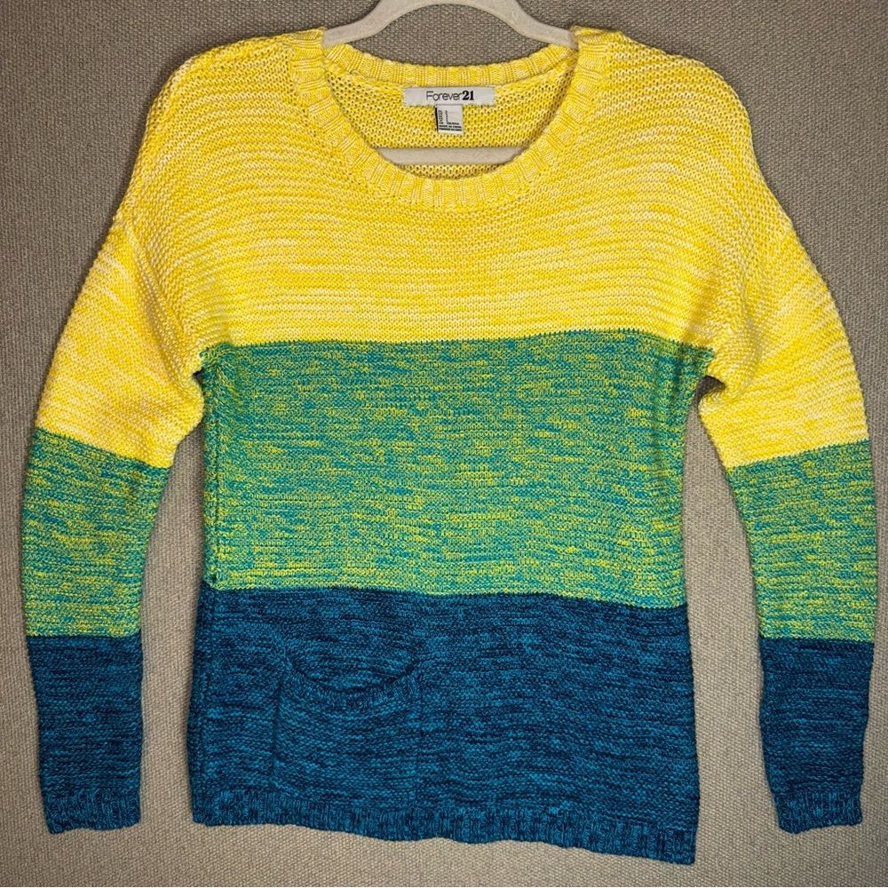Forever 21 size small Yellow green Blue striped color block Women's knit Sweater